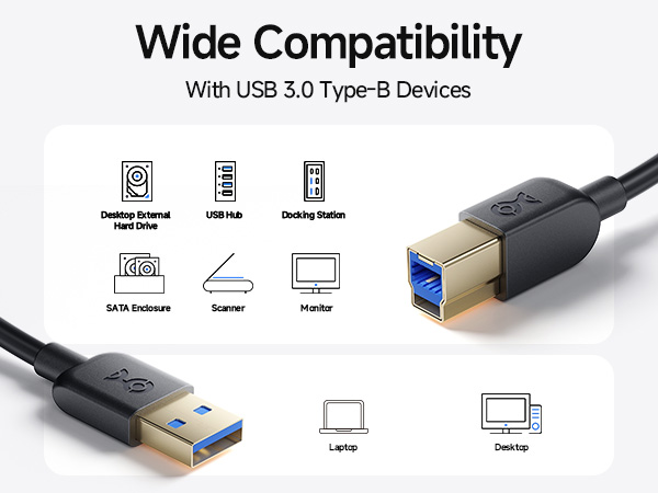 superspeed usb 3.0 cable for external hard drives, docking stations, and scanners
