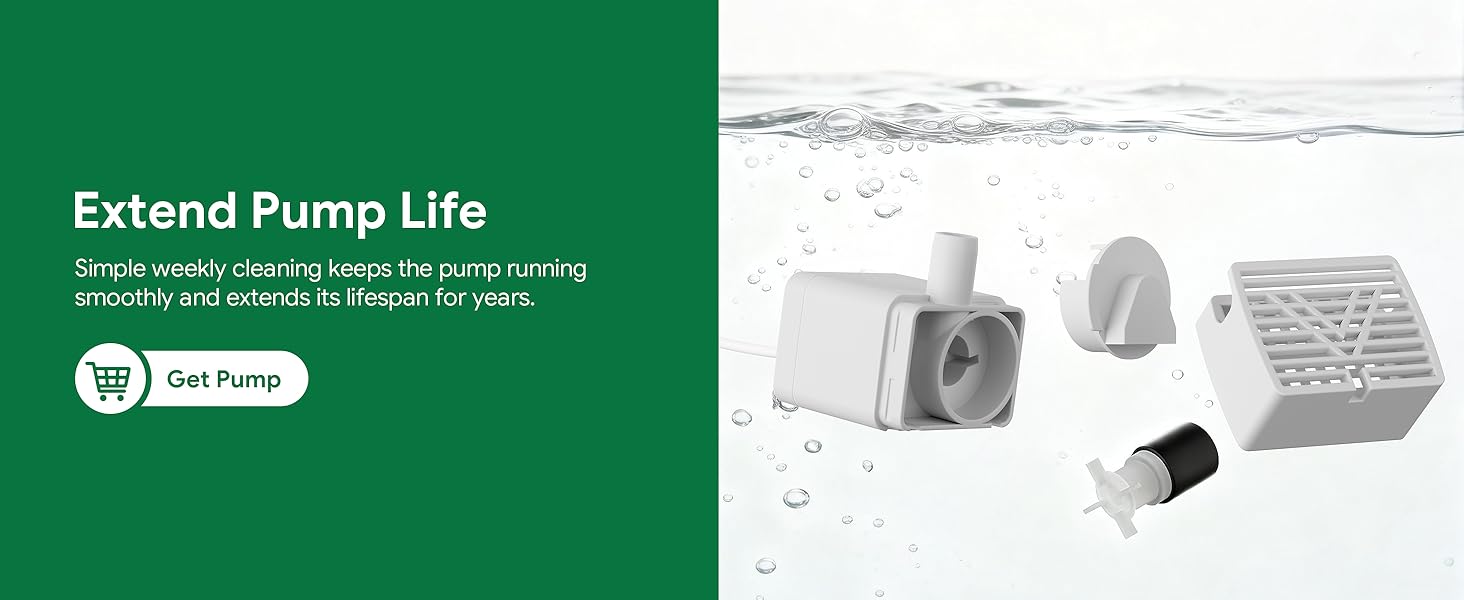 It shows pump parts to stress that weekly cleaning ensures long life.