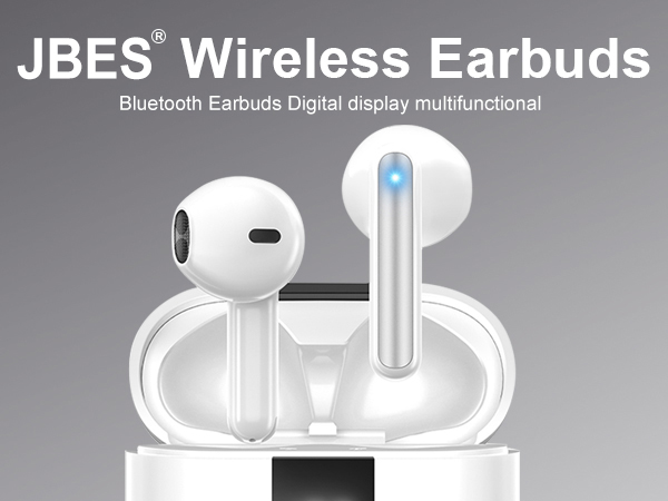 Text reads 'JBES Wireless Earbuds'. Technical illustrations showing wireless earbud features, charging case, and connectivity icons.