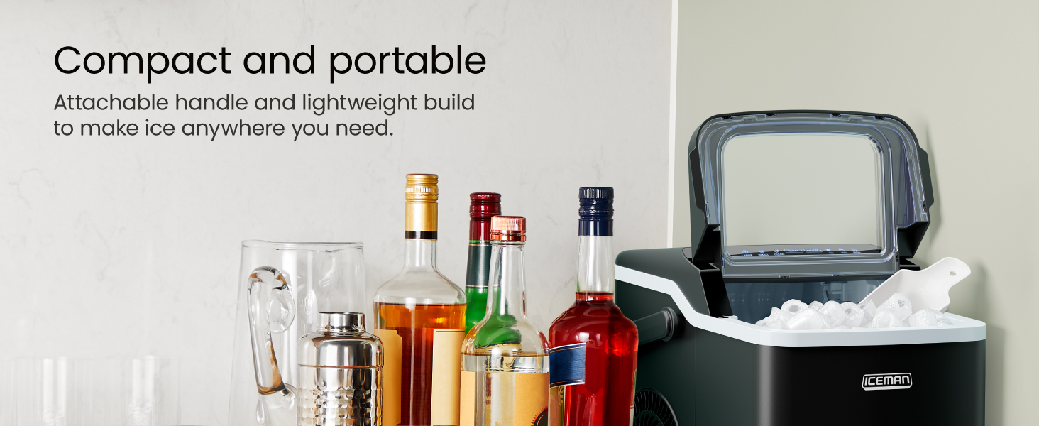 Compact and portable. Attachable handle and lightweight build to make ice anywhere you need