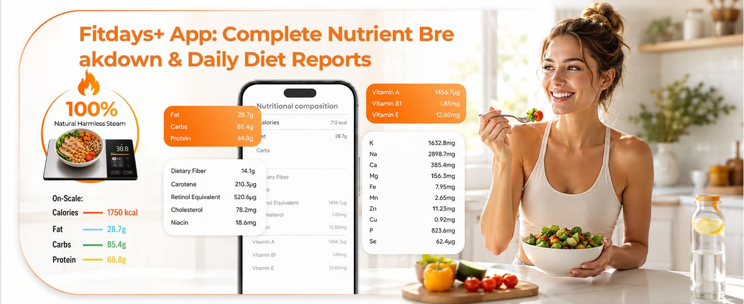 Fitdays App generates full nutrient breakdown and daily diet reports for smart food scale