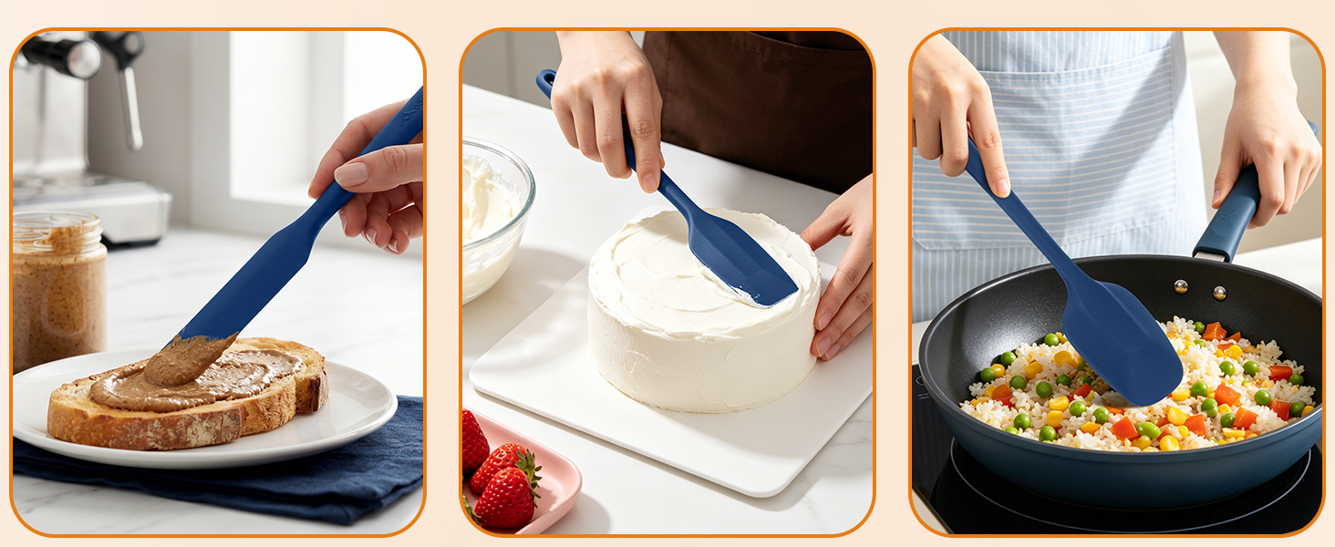 Silicone spatula spreads toast frosting, cakes, and stirs fried rice