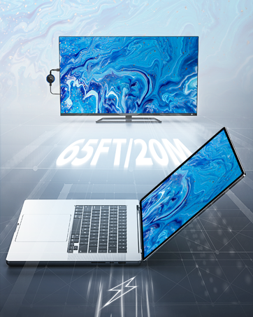 Modern laptop and TV display showing vibrant blue swirling patterns, with '65FT/120W' text overlay on a tech-inspired background.