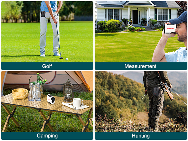 Text reads 'Golf', 'Measurement', 'Camping', 'Hunting'. Composite image showing outdoor activities including golfing, measuring equipment, camping gear, and hunting scenarios.