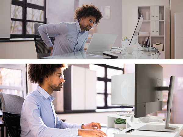 Split image of a man at a desk: top shows him stretching his back in discomfort, bottom shows him working at a computer.