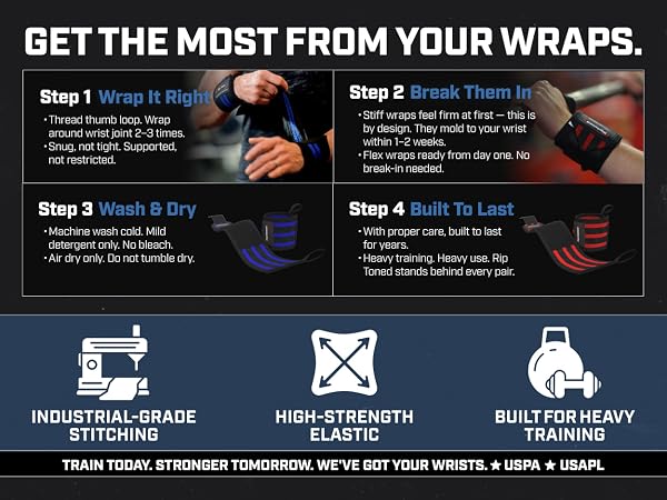 Rip Toned wrist wraps care steps - wrap correctly, break in stiff wraps, wash cold, air dry