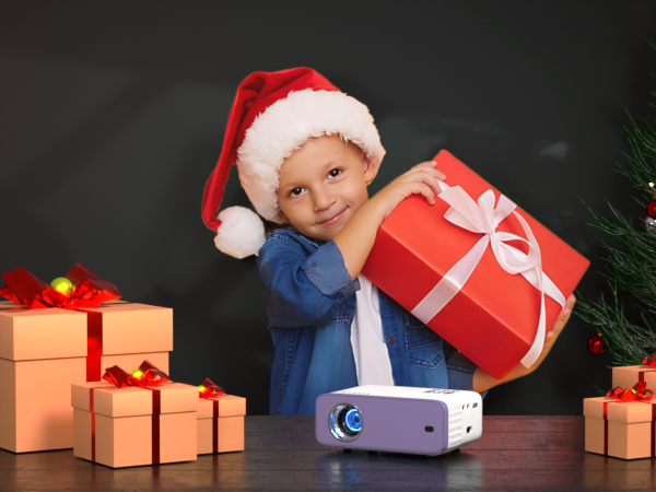 Holiday scene with wrapped presents in peach and red colors, featuring festive decorative elements and lighting.