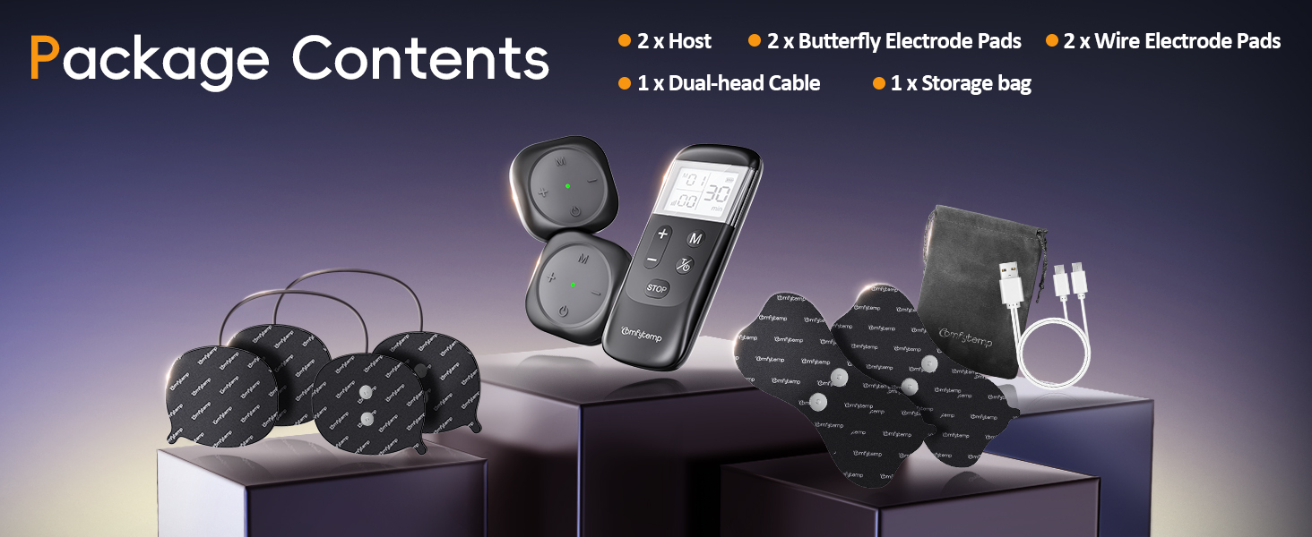 2 tens machine host, 4 tens unit electrode pads, Carrying bag, Charging cable, Instruction manual