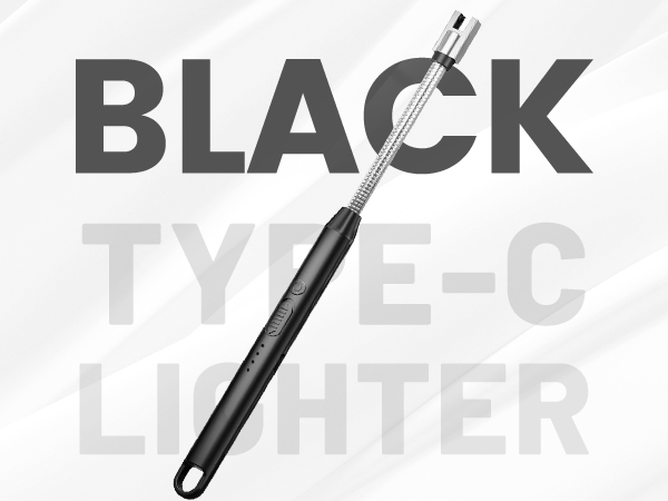 Black USB Type-C lighter device shown against white background with black and gray text. Sleek cylindrical design with metallic finish.