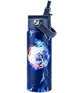 KEWIXY 18 oz Boys Water Bottle with Straw, Easy Slide Lid, Leak Proof, Keep Cold 24H, Vacuum Insu...