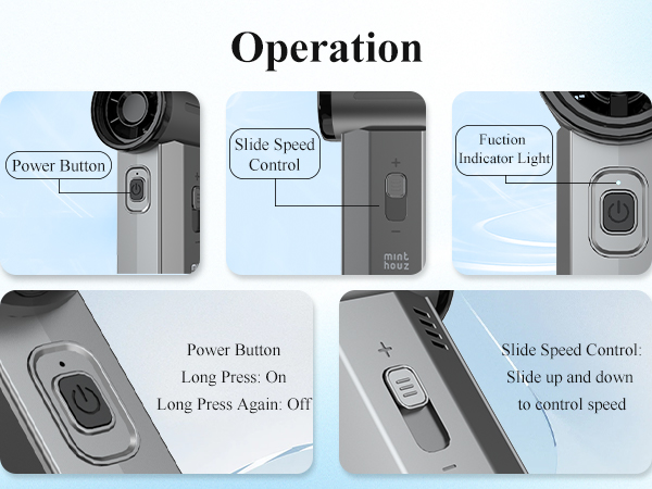 Text reads 'Operation', 'Power Button', 'Slide Speed Control', 'Long Press: On, Long Press Again: Off', 'Slide up and down to control speed'. Instruction diagram showing button functions and controls.