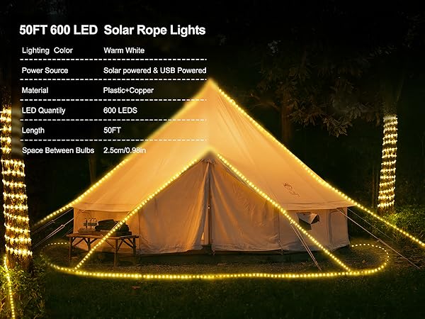 50FT 600 LED Solar Rope Lights