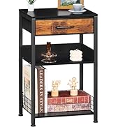 Lerliuo Black Side Table,3 Tier Industrial End Table with Fabric Drawer,Wooden Tall Printer Rack ...