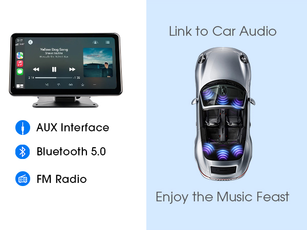 Car audio system with touchscreen display and features: AUX interface, Bluetooth 5.0, FM radio. Overhead view of car with illuminated seats. Text: 
