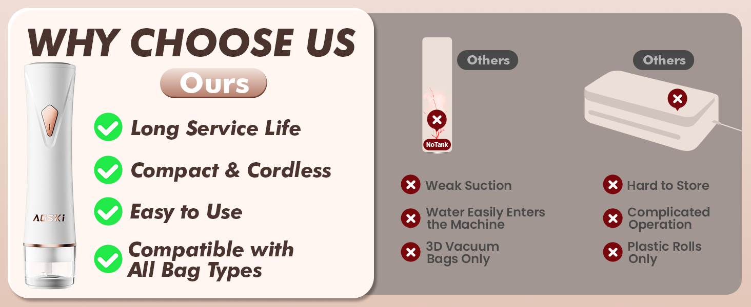 Comparison showing AOSKI handheld sealer as compact, easy to use, and compatible with all bags.