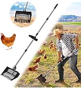 Chicken Poop Scooper &amp; Rake, 2-in- Metal Litter Scoop Sand Sifting Shovel with 28" to 55" Adjusta...