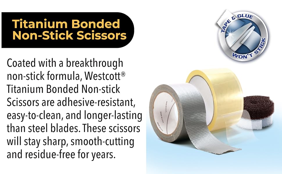 Image of tape adhesives with text reading titanium bonded non stick scissors.
