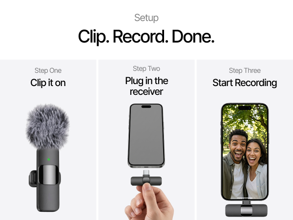 mobile setup with mini mic clipped on shirt, usb-c receiver plugged into smartphone, recording activ