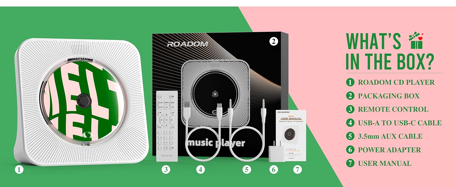 ROADOM CD player package with remote, AUX cable, USB cable, power adapter and user manual