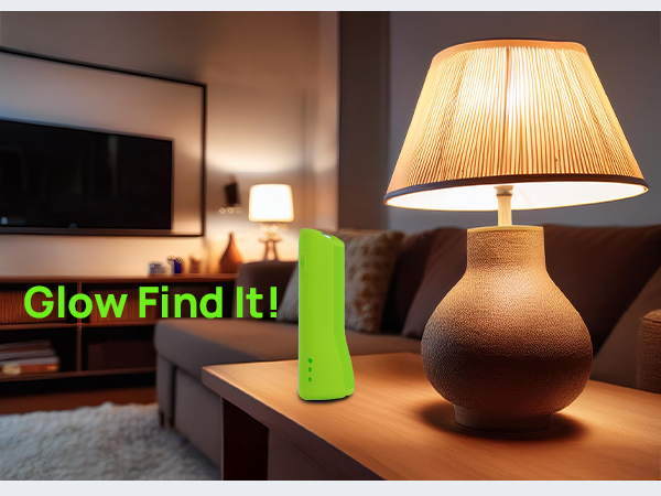 Remote case visible on table with glow feature for quick finding anytime