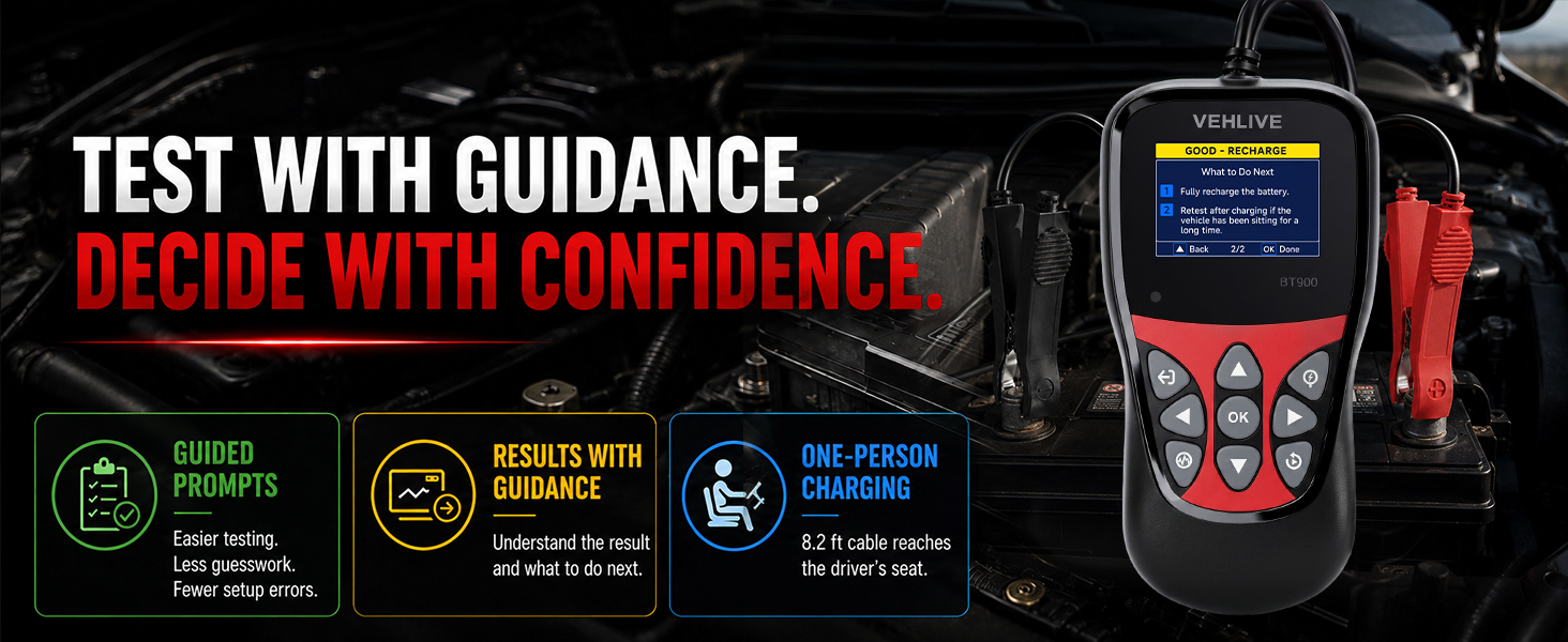 BT900 car battery tester with guided prompts and clear results