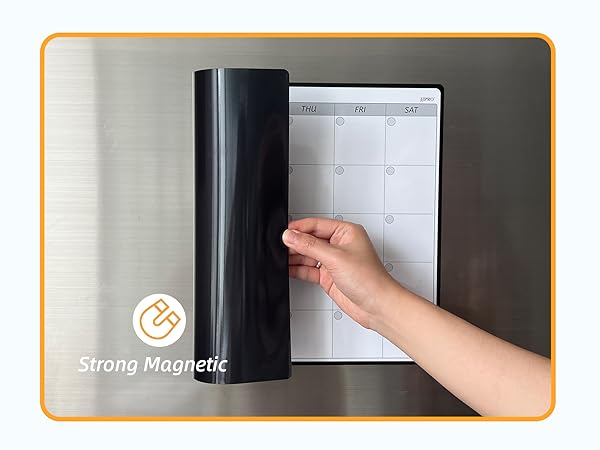 Monthly calendar has a whole magnetic backside.It sticks onto the fridge without sliding or falling.
