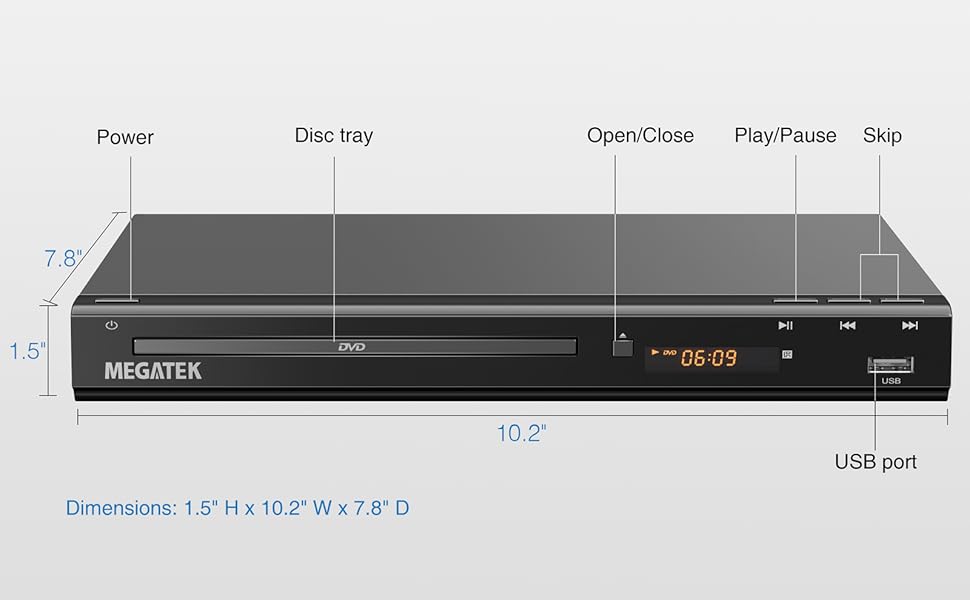 DuraPlay DVD player with ultra-compact design and optimized on-unit control buttons