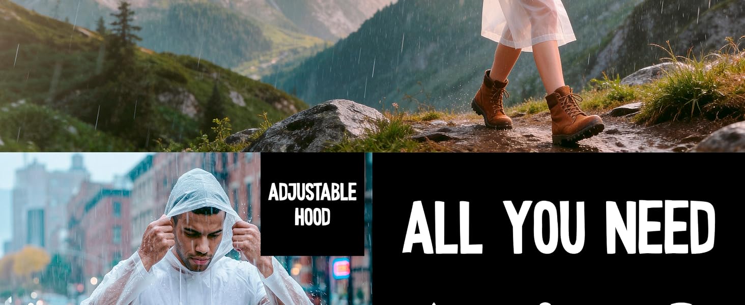 Text reads "ADJUSTABLE HEAD", "ALL YOU NEED". Outdoor hiking scene showing person's legs/feet on rocky terrain with mountains in background; product details displayed in inset panels above.