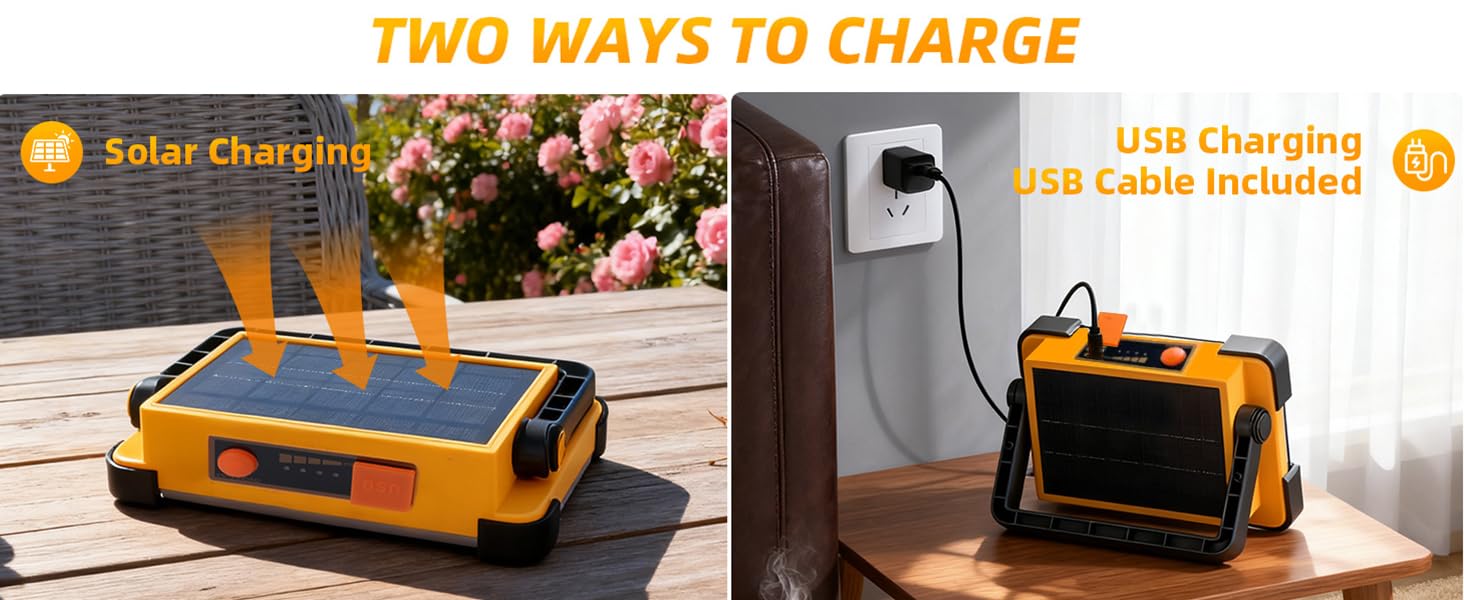 Solar panel and USB wall charging two ways to recharge portable LED work light