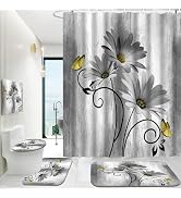 Onalasyc 4PCS Grey Daisy Flowers Butterfly Shower Curtain Set with Shower Curtain and Carpet and ...