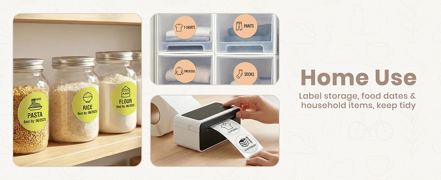Text reads 'Home Use'. Collection of clear storage containers with labels showing organization of household items and food storage solutions.