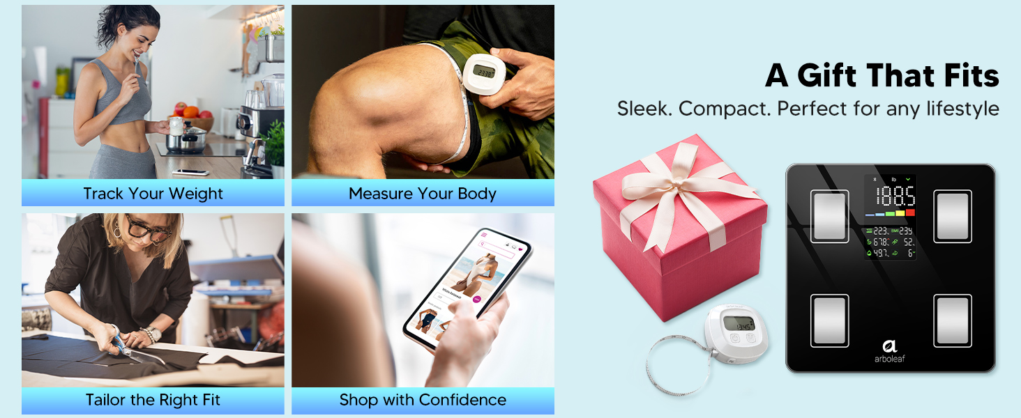 Weight scale with body fat and muscle tracking, plus tape measure for daily fitness tracking.