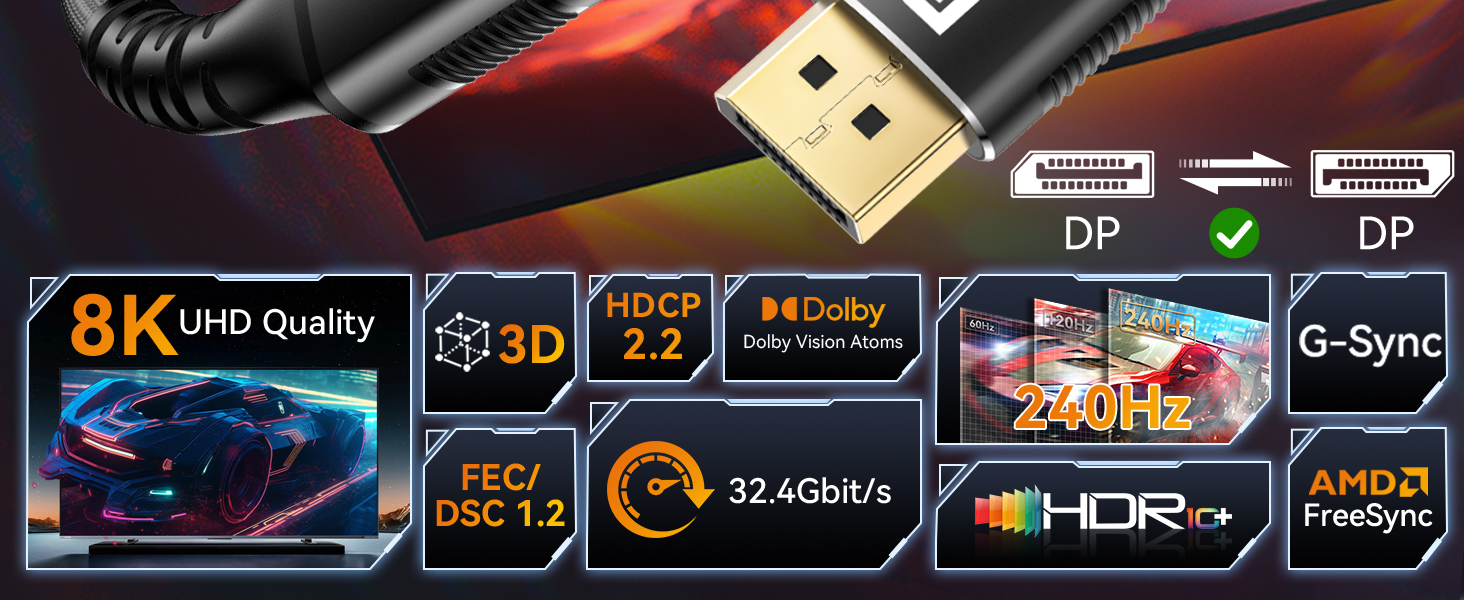 displayport display port cable 1.4 15ft 3ft 5ft 6ft 8ft 10ft 20ft 25ft 30ft ft long dp cables 144hz