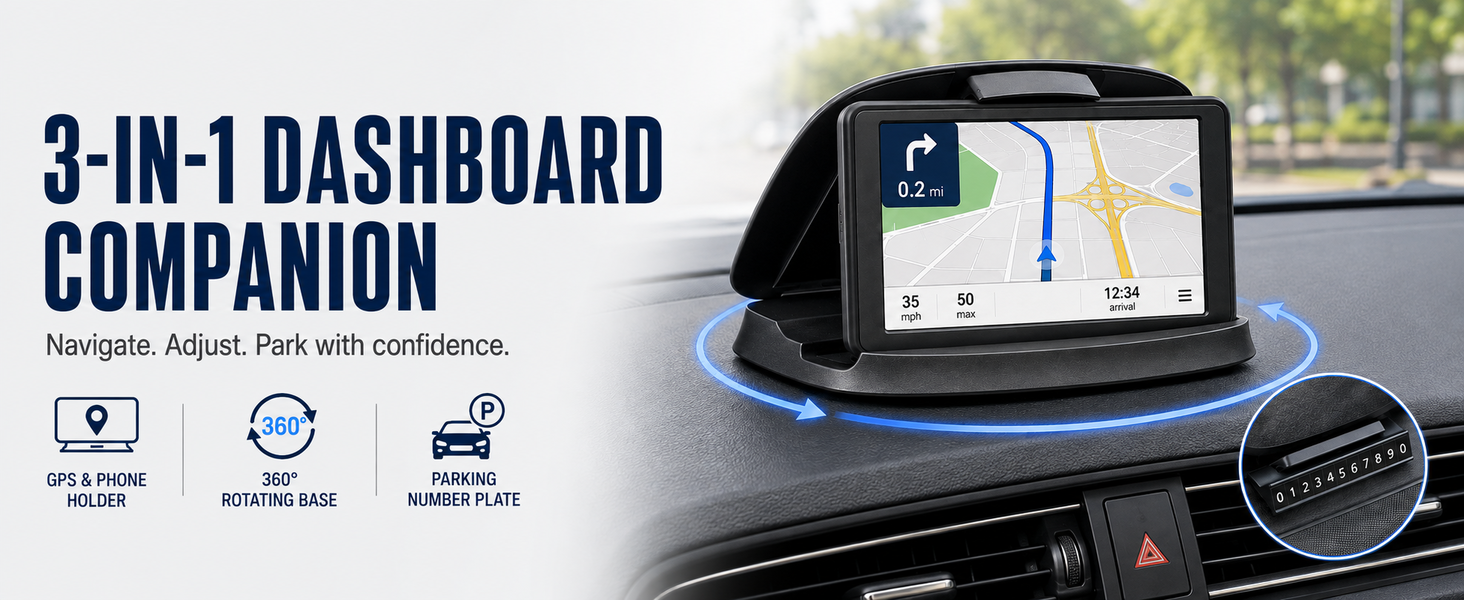 3-in-1 dashboard phone holder, GPS navigation mount, 360° car stand and parking number plate