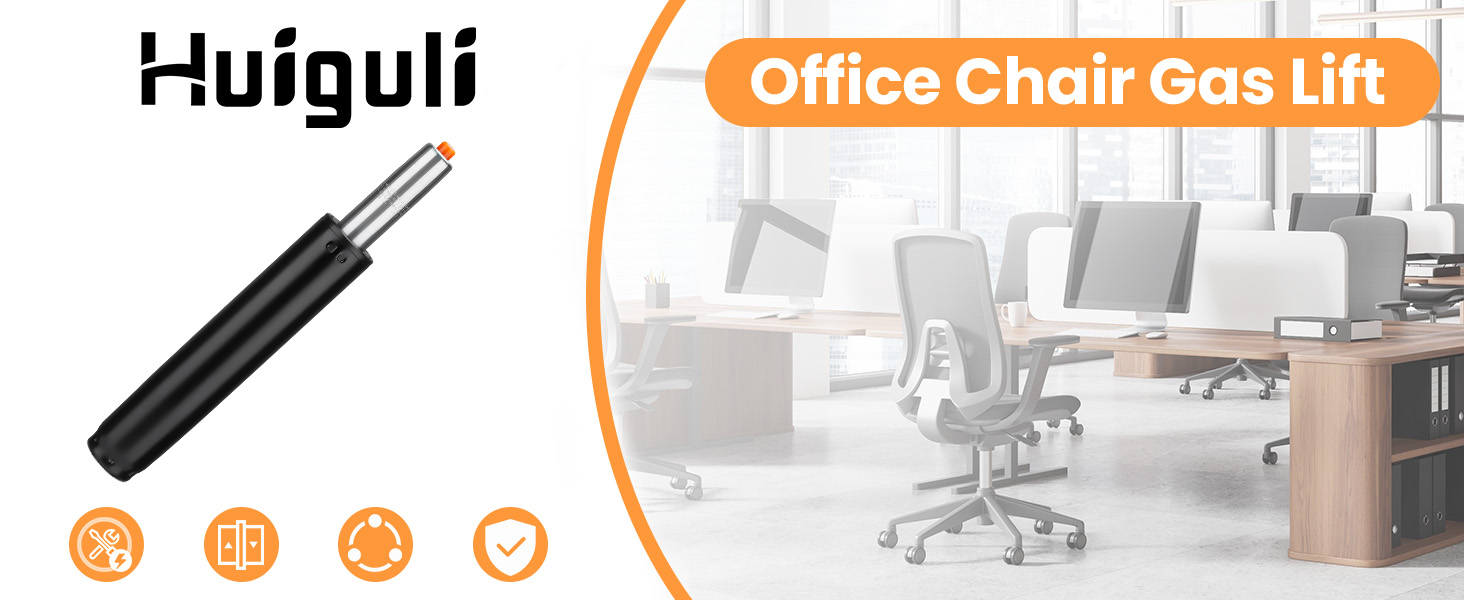Black cylindrical gas lift mechanism for office chairs with product name Huiguli shown. Office chair blurred background visible.