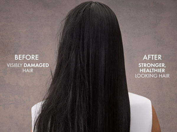 Backshot of woman's straight hair split in half showing how it goes from damaged to stronger.