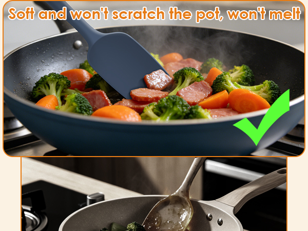 Silicone spatula stirs food without scratching non-stick pans, safe vs metal utensils