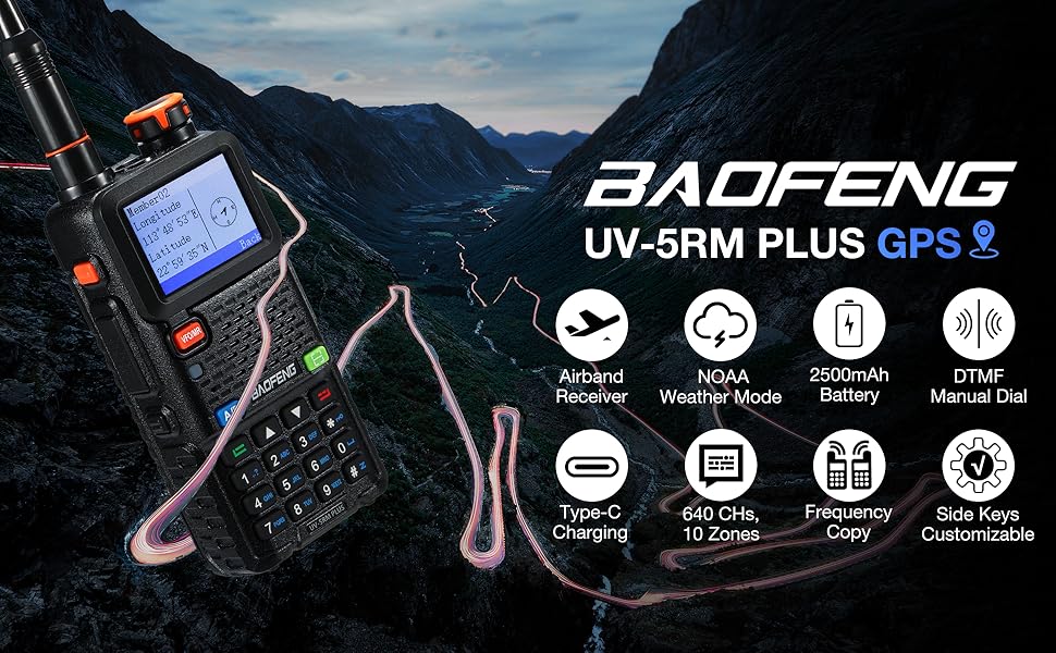 BAOFENG UV-5RM Plus GPS with 2500mAh USB-C Rechargeable Battery, Upgraded Version of 5RM and UV-5R