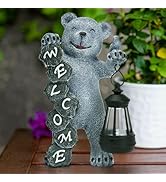 Foyucool Solar Garden Statue Grey Bear with Solar Lantern, Outdoor Sculpture Figurine Statue Ligh...