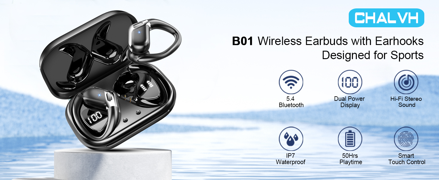 Black wireless earbuds with ear hooks. Product features include Bluetooth connectivity, LED display, waterproof design, and long battery life for sports use.