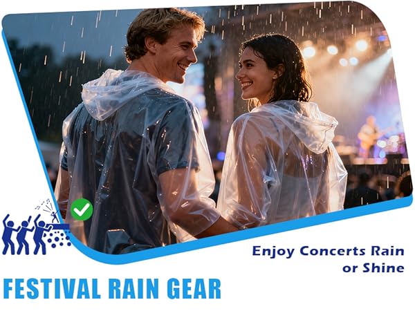 Text reads 'Enjoy Concerts Rain or Shine' and 'FESTIVAL RAIN GEAR'. Outdoor concert scene showing people in rainy weather conditions.