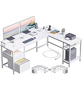 Furologee 66” L Shaped Desk with Power Outlet, Reversible Computer Gaming Desk with File Drawer &amp;...