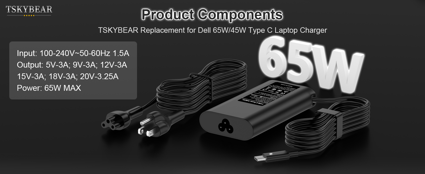 TSKYBEAR Compatible with dell 65w type c charger;