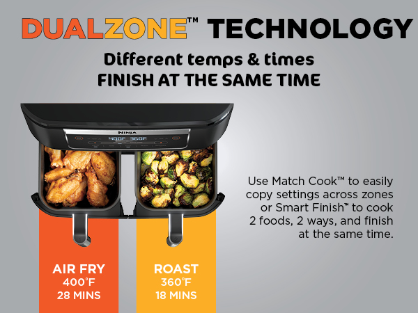DUALZONE TECHNOLOGY Different temps &amp; times FINISH AT THE SAME TIME Use Match Cook to easily copy