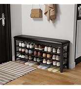 AQIMUELE Shoe Bench with Leather Cushion, 3 Tiers Shoe Storage Bench Height Adjustable, Walnut Wo...