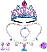 Keenjorika 6pcs Girls Princess Necklace Bracelets Ear Clips Set Mermaid Crown Pendant Colorful Pl...