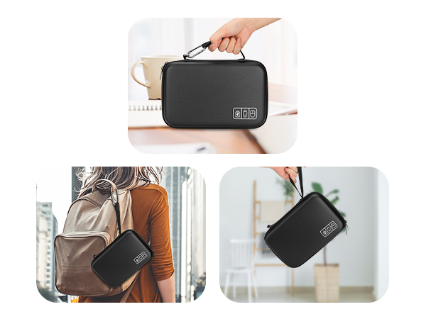 Black protective hard case shown in multiple contexts: held in hand, attached to backpack, and displayed on white surface.