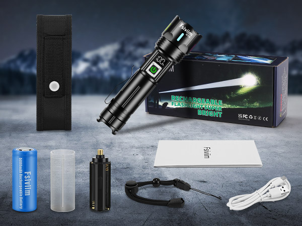 Tactical flashlight kit including black flashlight, blue battery, charging cable, and product box with green illuminated display.