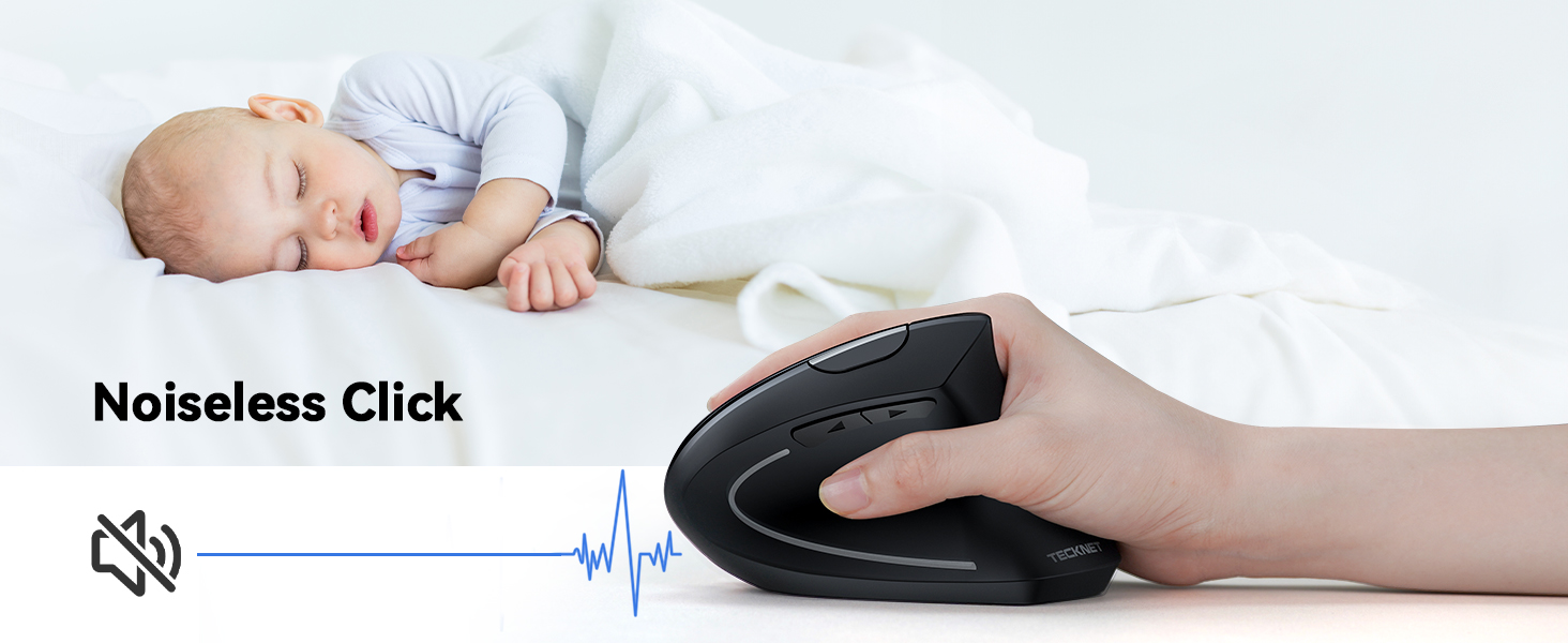 Demonstration of a silent computer mouse with 'Noiseless Click' feature, shown with sound wave indicator graphic against white background.