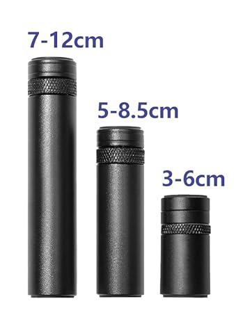 Three black cylindrical extension tubes of varying lengths (7-12cm, 5-8.5cm, and 3-6cm) with knurled texture and measurement markings.